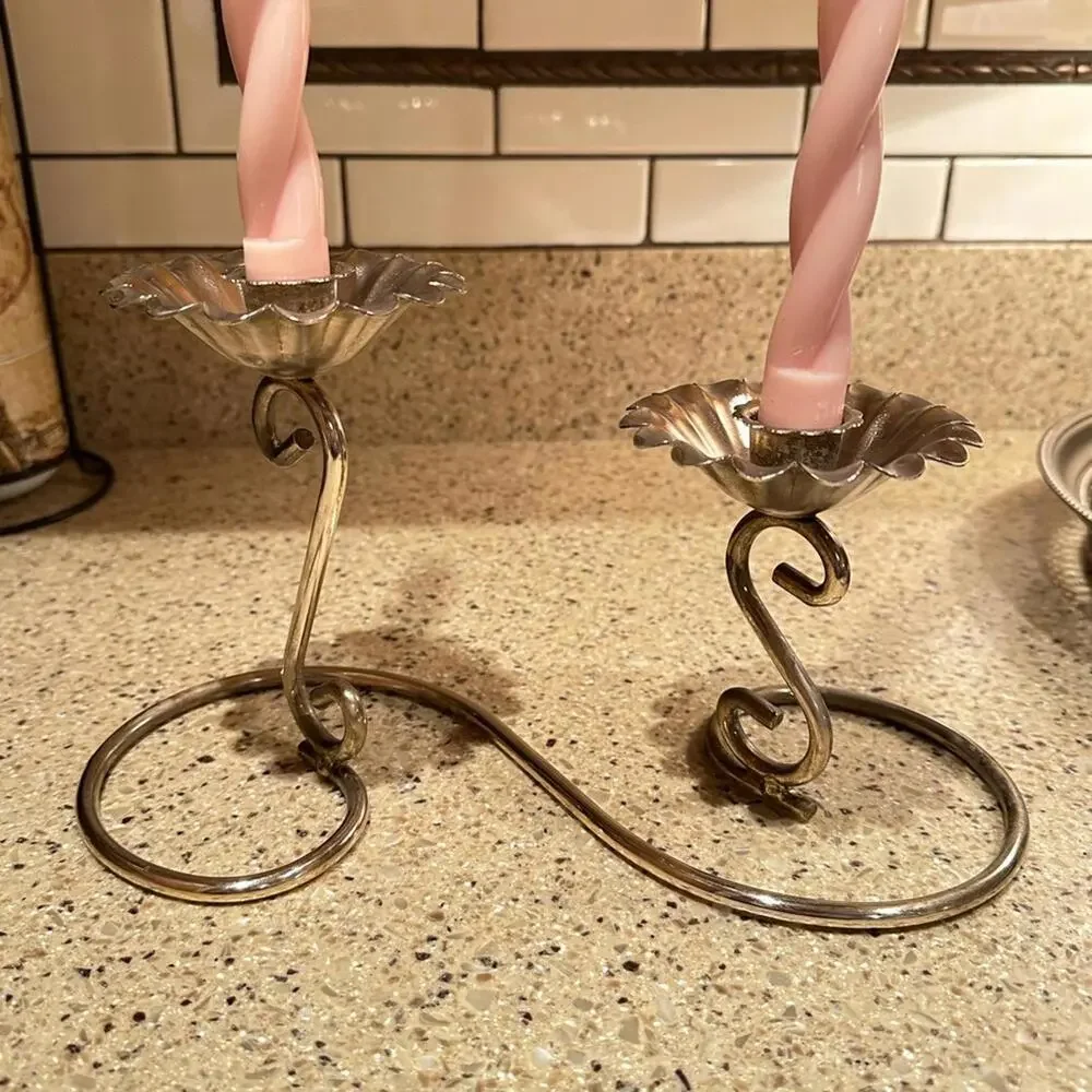 Vintage Mid-Century Silver Tone Double Candlestick Holder